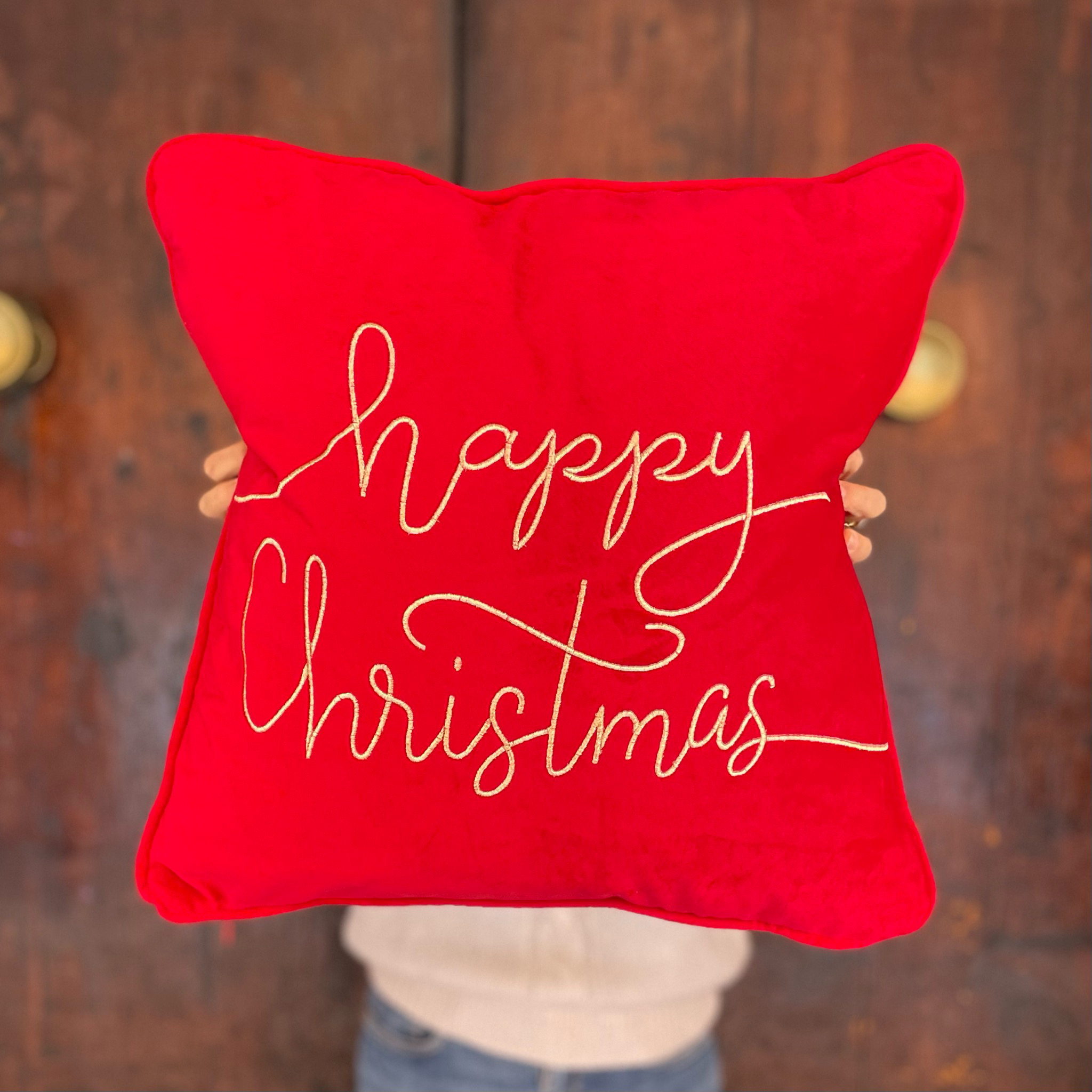 cuscino rosso di natale con scritta happy christmas a filo shop